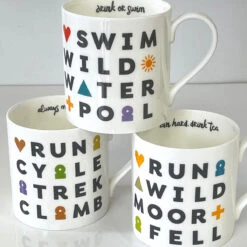 Fine Bone China Mugs - Set Of 3 - Swim, Cycle, Climb And Run -Kitchenware Store Swim Cycle RunTri MugSet03s